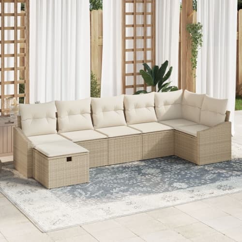 7-delars trädgårdsoffaset med kuddar Beige Poly Rattan