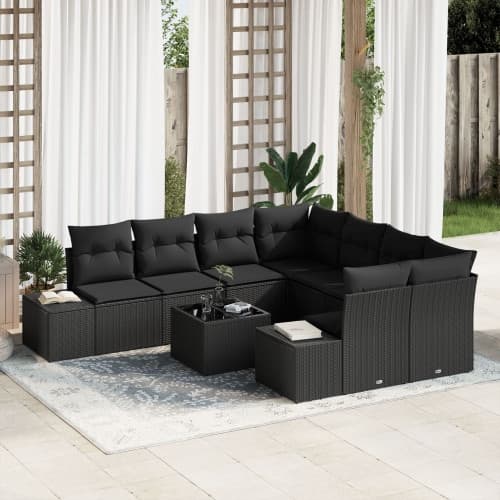 9 Delar Trädgårdssoffa Set med Kuddar Svart Poly Rattan