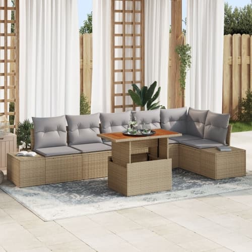 7 Delars Trädgårdsdining-set med kuddar Beige Poly Rattan Akacia