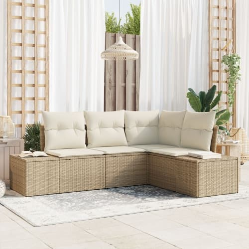 4 Delar Trädgårdsoff Set med Dynor Beige Poly Rattan