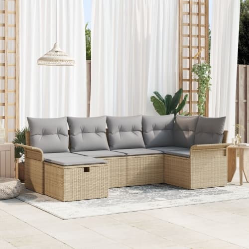 6-delars trädgårdssoffasett med kuddar beige poly rattan