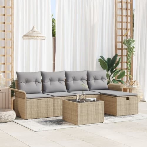 6-delars Trädgårdsoffasats med kuddar Beige Poly Rattan