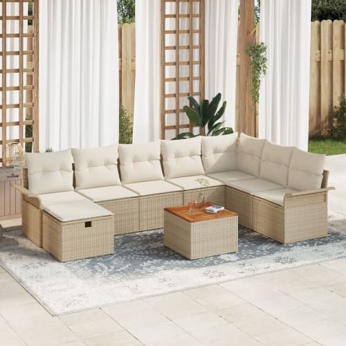 9-delars trädgårdsoff set med kuddar beige poly rattan