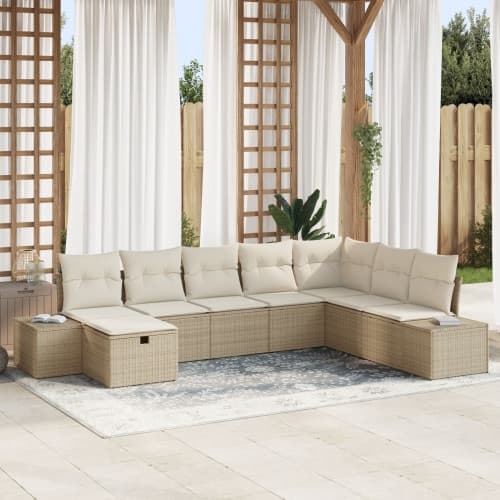 8-delat trädgårdsoff-set med kuddar beige poly rattan