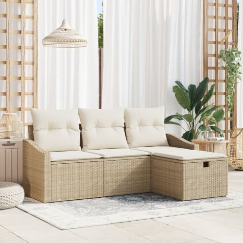 4 Delars Trädgårdsoffagrupp med Kuddar Beige Poly Rattan