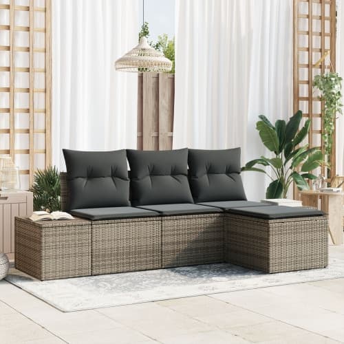 4-delat Trädgårdssoff-set med kuddar Grå Poly Rattan