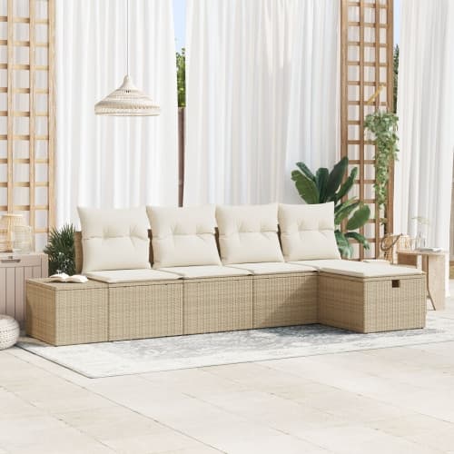 5-delat trädgårdsoffaset med kuddar beige poly rattan