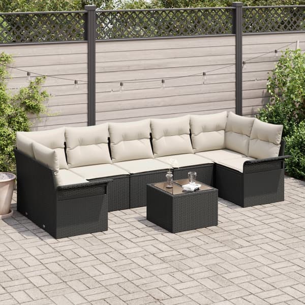 8-delars trädgårdsofa set med kuddar svart poly rattan