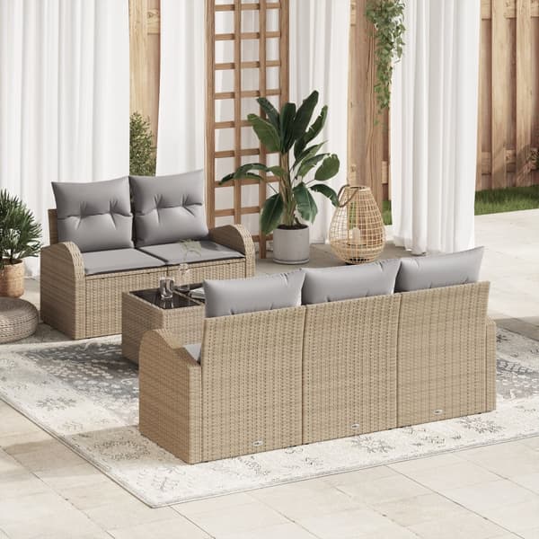 6 Delars Trädgårdsoffasett med Kuddar Beige Poly Rattan