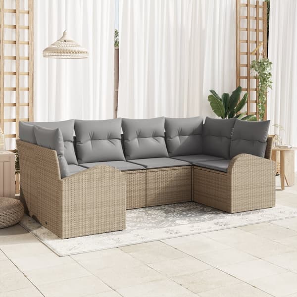 6 Delar Trädgårdsoff-set med Kuddar Beige Poly Rattan