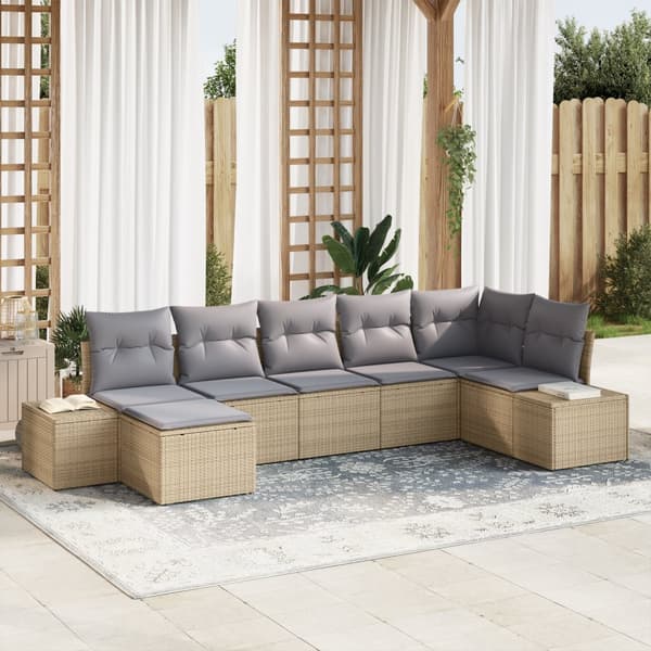 7-delat trädgårdsoffeset med kuddar i beige poly rattan