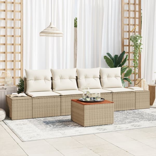 5-delat trädgårdsoffas med kuddar beige polyrotting akacia