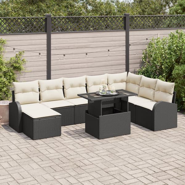9-bitars Garden Sofa Set med kuddar Svart Poly Rattan