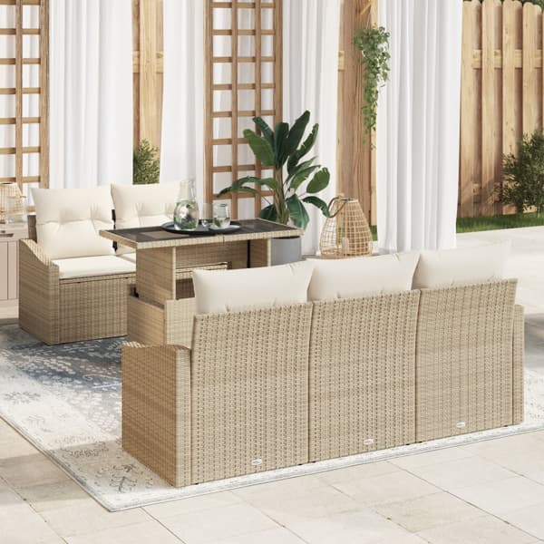 6 Delars Trädgårdsoffaset med Kuddar Beige Poly Rattan