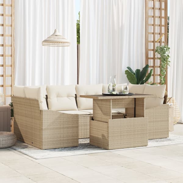 7 Delars Trädgårdsoffgrupp med Kuddar Beige Poly Rattan
