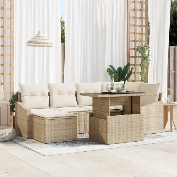 7-delat trädgårdsoff-set med kuddar beige poly-rattan