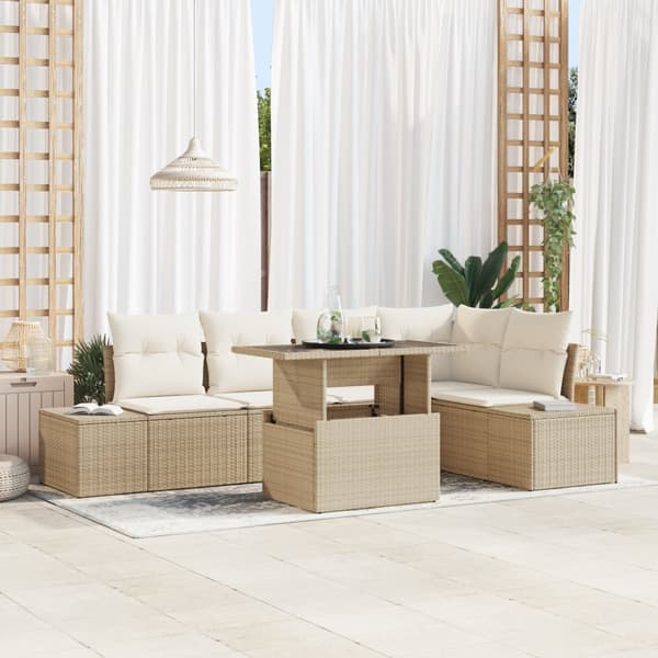 6-delat trädgårdsoffset med kuddar Beige Polyrotting