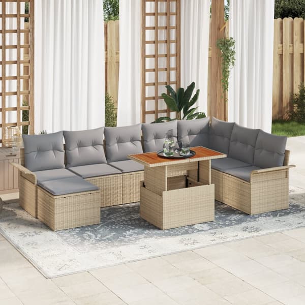 9-delat Trädgårds matbord med kuddar Beige Poly Rattan Akacia