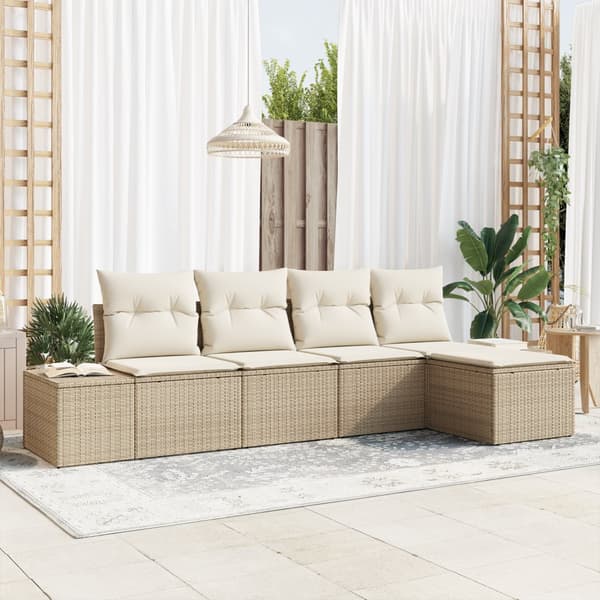 5-delat trädgårdssoffset med kuddar beige polyrotting