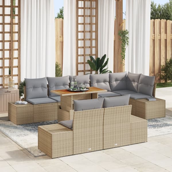9-delad trädgårdssofa set med kuddar beige poly konstrotting