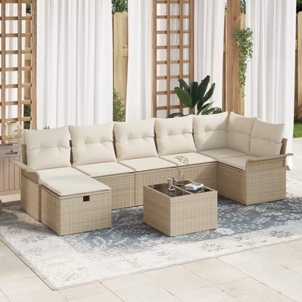 8-delad Trädgårdsoffasett med Kuddar Beige Poly Rattan