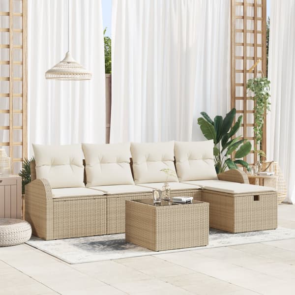 6-delad trädgårdsoffasett med kuddar Beige Poly Rattan