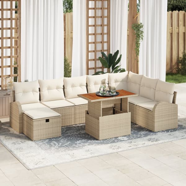 9 Delar Trädgårdsoffaset med kuddar Beige Poly Rattan