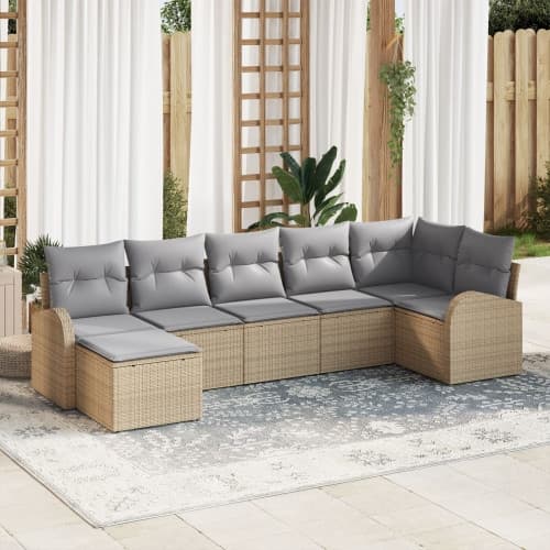 7-delad Trädgårdsoffset med Kuddar Beige Poly Rattan