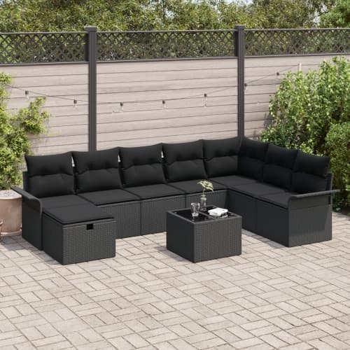 9-delars Trädgårdsoffset med Kuddar Svart Poly Rattan, vidaXL 2-sits Trädgårdsoffa med Förvaring & Kuddar Svart Poly Rattan