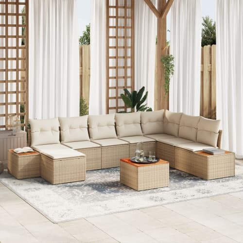 9-delat trädgårdsoffset med kuddar Beige Poly Rattan Akacia
