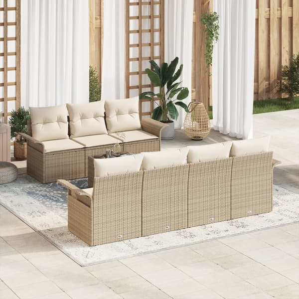 8-delat trädgårdsoffas med kuddar beige poly rattan