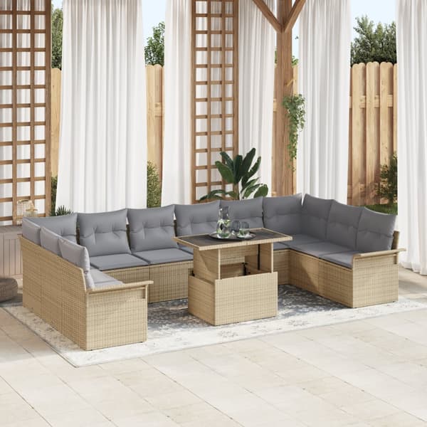 11 Delar Trädgårdsoffagruppe med Kuddar Beige Poly Rattan