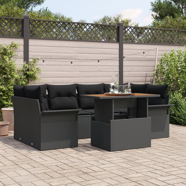 7-delad Trädgårdsofa Set med Kuddar Svart Poly Rattan Akacia