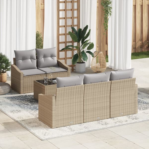 6-delat Trädgårdsoffasett med Kuddar Beige Poly Rattan