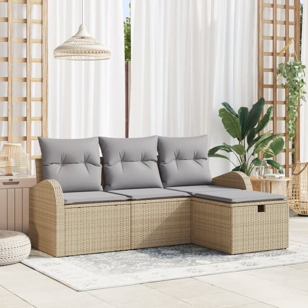 4-delars Trädgårdsoffasett med kuddar Beige Poly Rattan