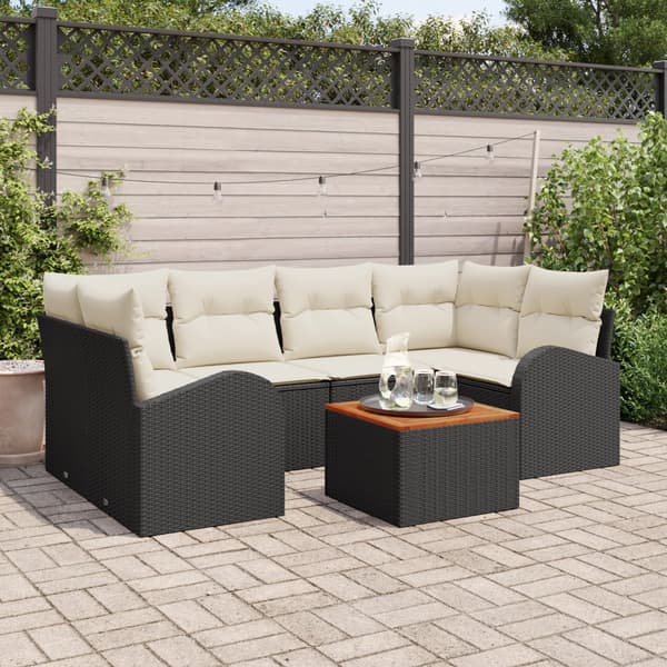 Set med 7 Delar Trädgårdsoffa med Kuddar Svart Poly Rattan Akacia