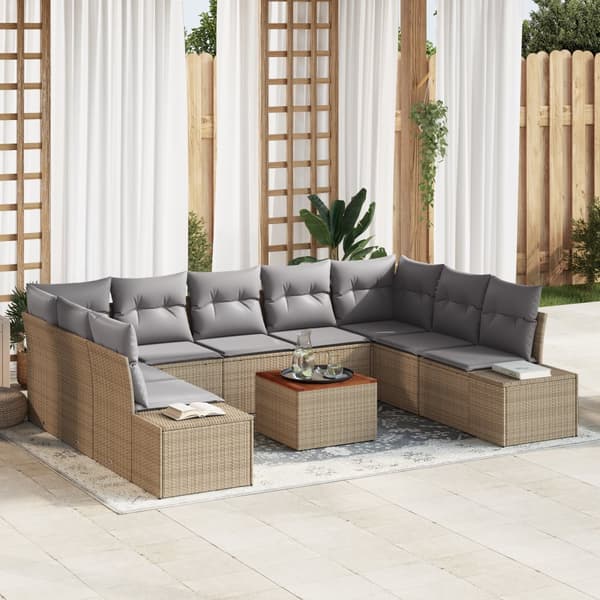 10-delat trädgårdsoffaset med kuddar Beige Poly Rattan Akacia