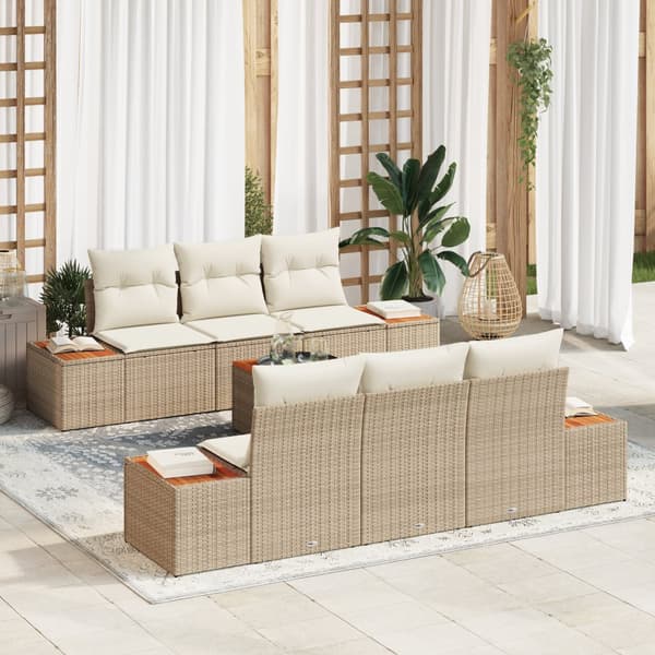 7-delars trädgårdsoffaset med kuddar Beige Poly Rattan Akacia
