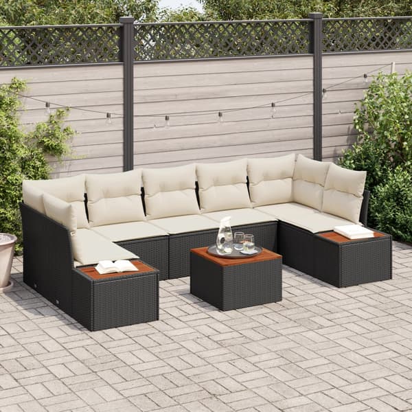 8-delad trädgårdsofa set med kuddar svart poly rattan akacia