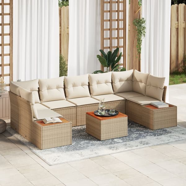 8-delat trädgårdsoff set med kuddar beige poly rattan akacia