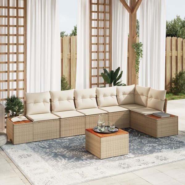 7-delad trädgårdsoffasett med kuddar Beige Poly Rattan Akacia