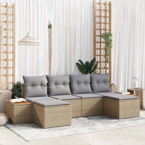 6-delat trädgårdssoffset med kuddar Beige Poly Rattan Akacia