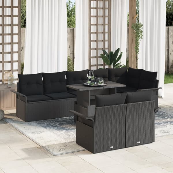 9-delat trädgårdsofa-set med kuddar svart poly rattan