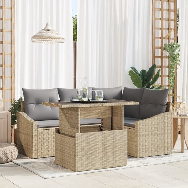 5-delad trädgårdsoffgrupp med kuddar beige poly rattan