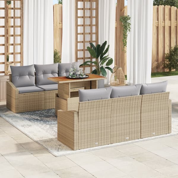 7-delat trädgårdsmöbelset med kuddar beige poly rotting akacia