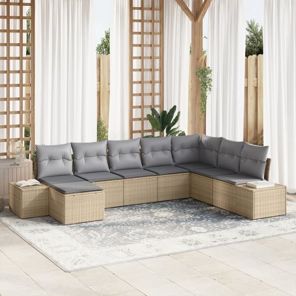 8-delat Trädgårdsoff Set med Kuddar Beige Poly Rattan