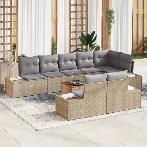 9-delat Trädgårdsoffaset med kuddar Beige Poly Rattan Akacia
