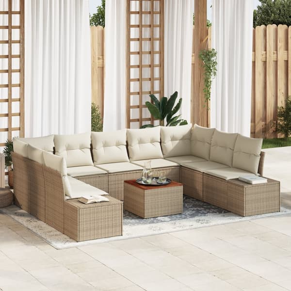 10 Delars Trädgårdsoffset med Kuddar Beige Poly Rattan Akacia