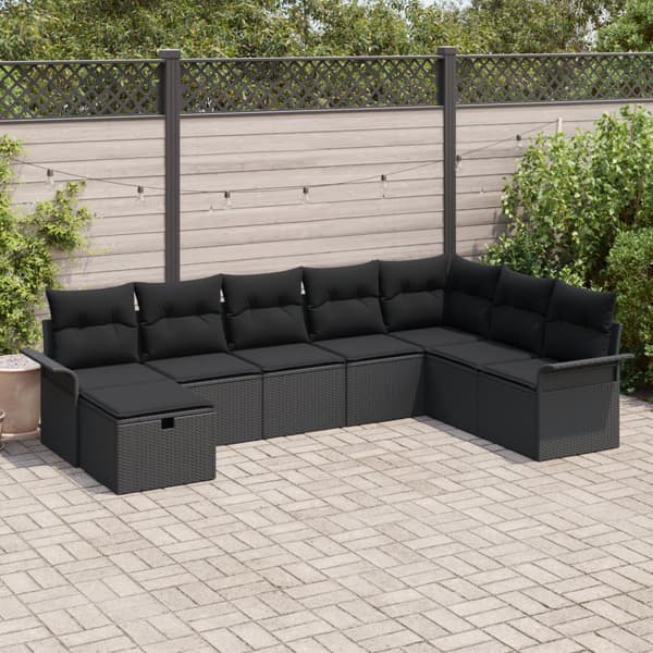8-delad Trädgårdsofa Set med Kuddar Svart Poly Rattan