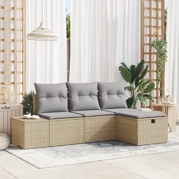 4-delad Trädgårdsoffgrupp med Kuddar Beige Poly Rattan
